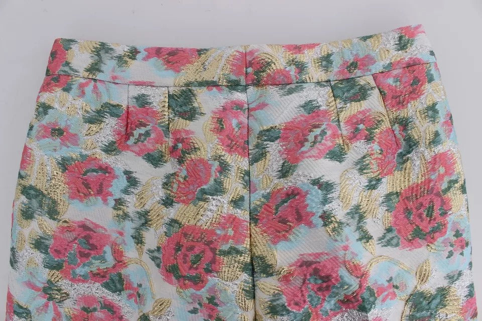 White Pink Floral Brocade Pants - ventzia