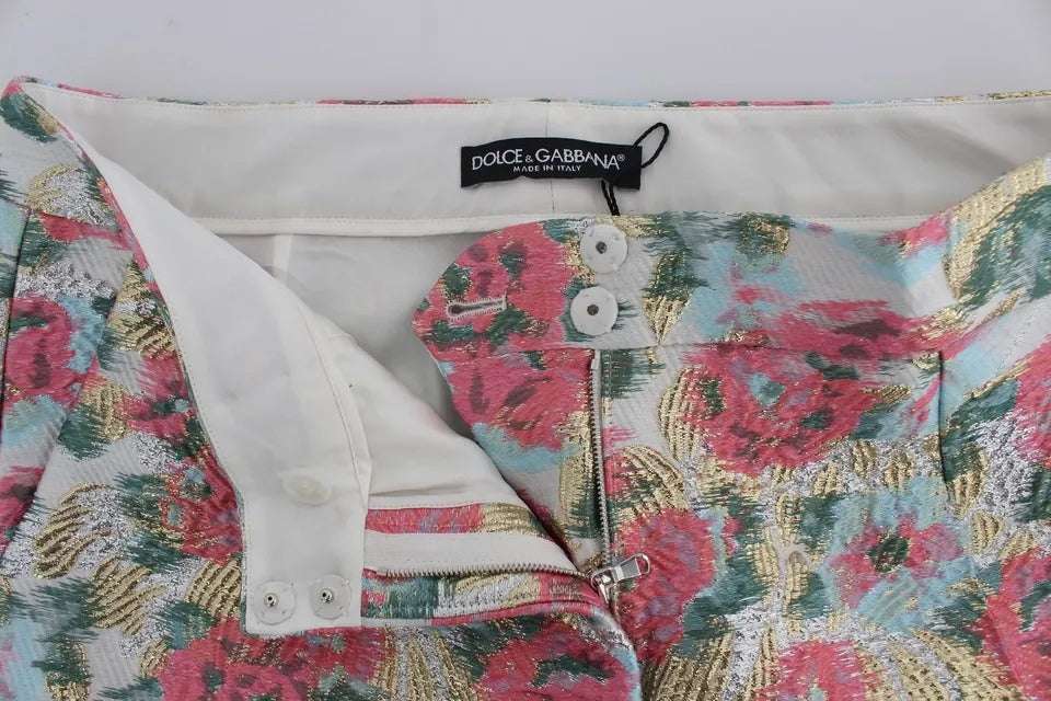 White Pink Floral Brocade Pants - ventzia