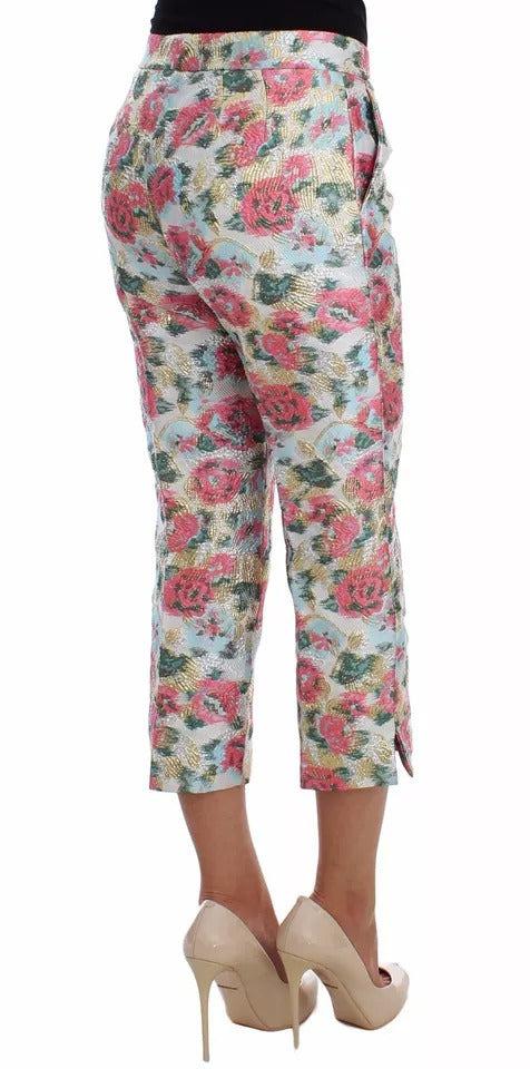White Pink Floral Brocade Pants - ventzia