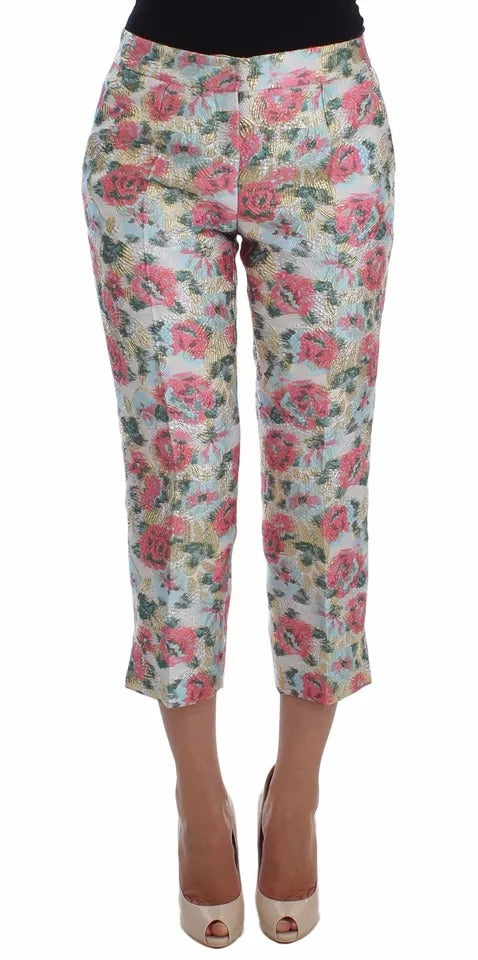 White Pink Floral Brocade Pants - ventzia
