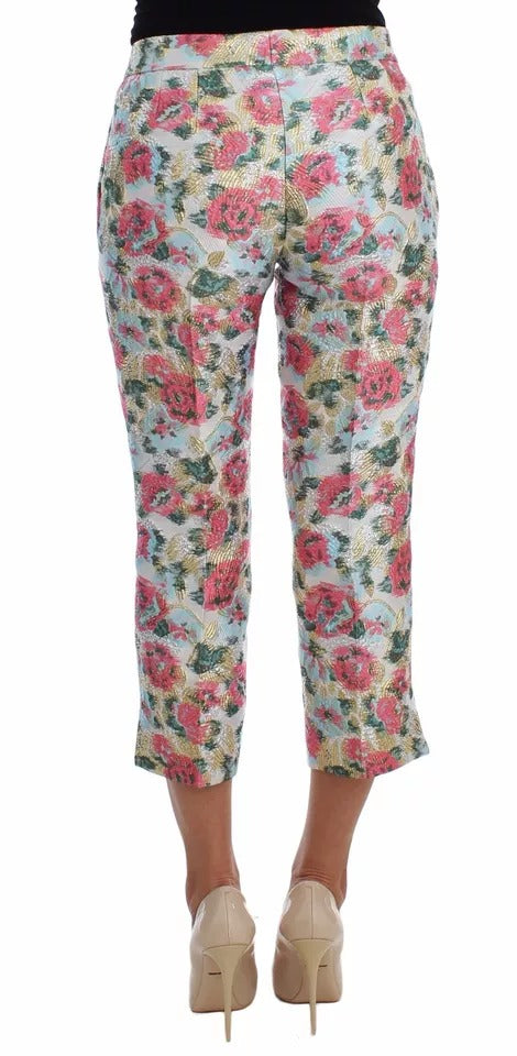 White Pink Floral Brocade Pants - ventzia