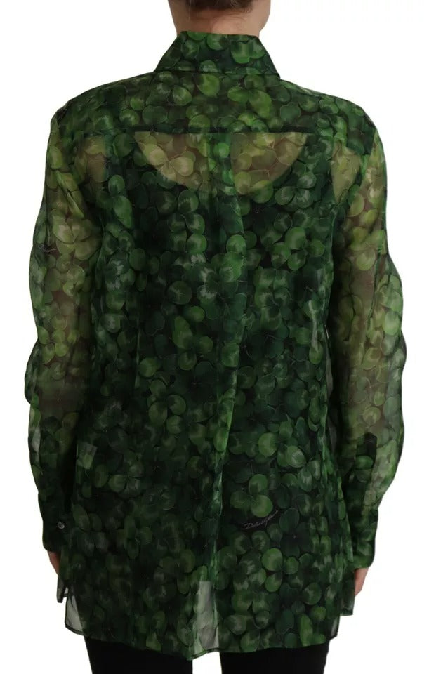 Green Clover Print Long Sleeves Collared Top Blouse - ventzia