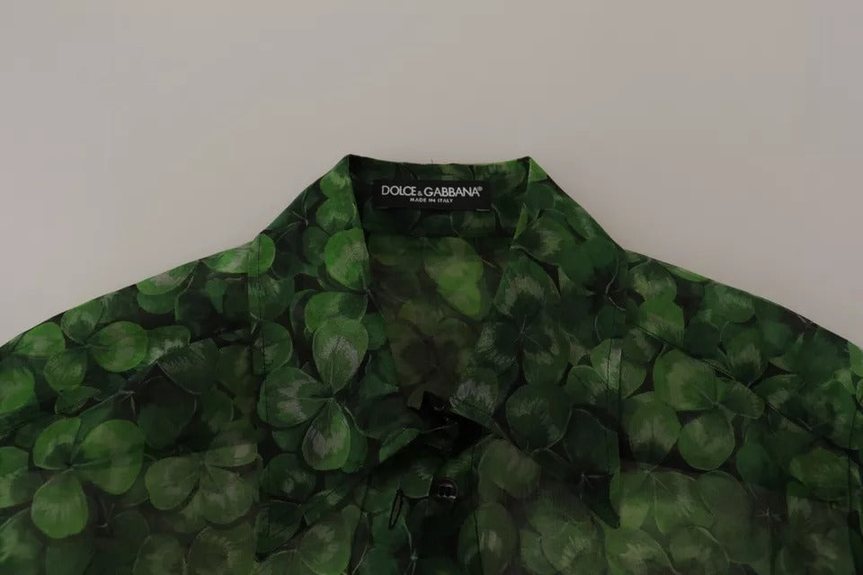 Green Clover Print Long Sleeves Collared Top Blouse - ventzia