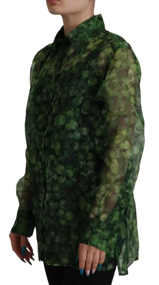 Green Clover Print Long Sleeves Collared Top Blouse - ventzia