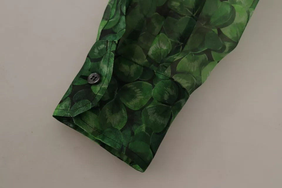 Green Clover Print Long Sleeves Collared Top Blouse - ventzia