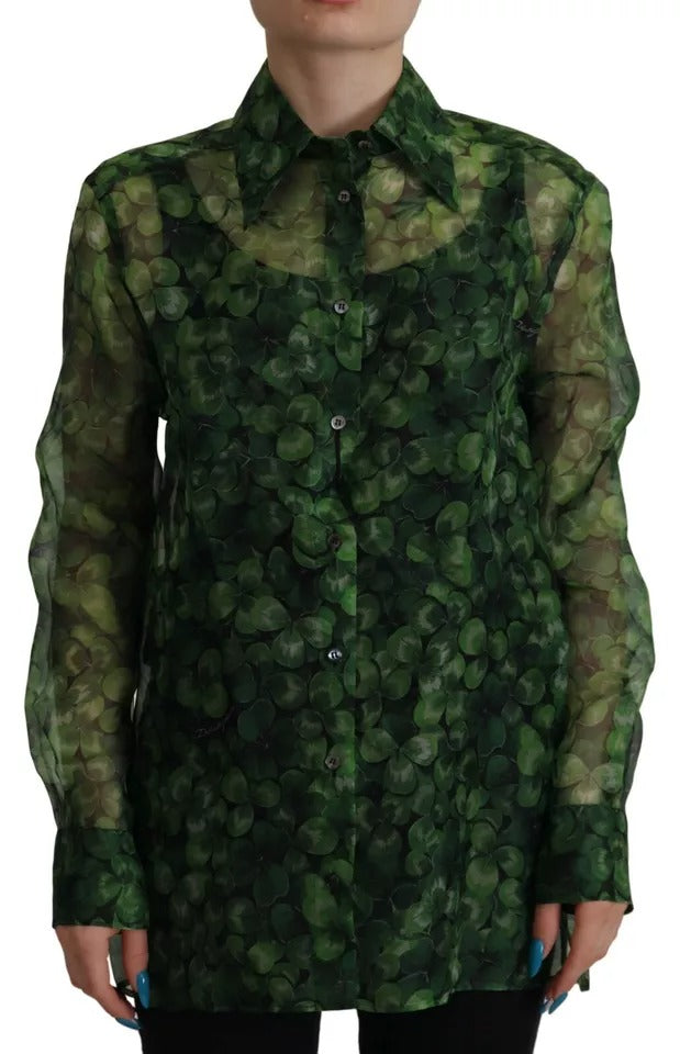 Green Clover Print Long Sleeves Collared Top Blouse - ventzia