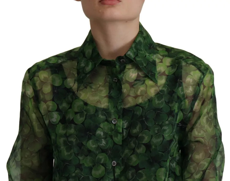 Green Clover Print Long Sleeves Collared Top Blouse - ventzia