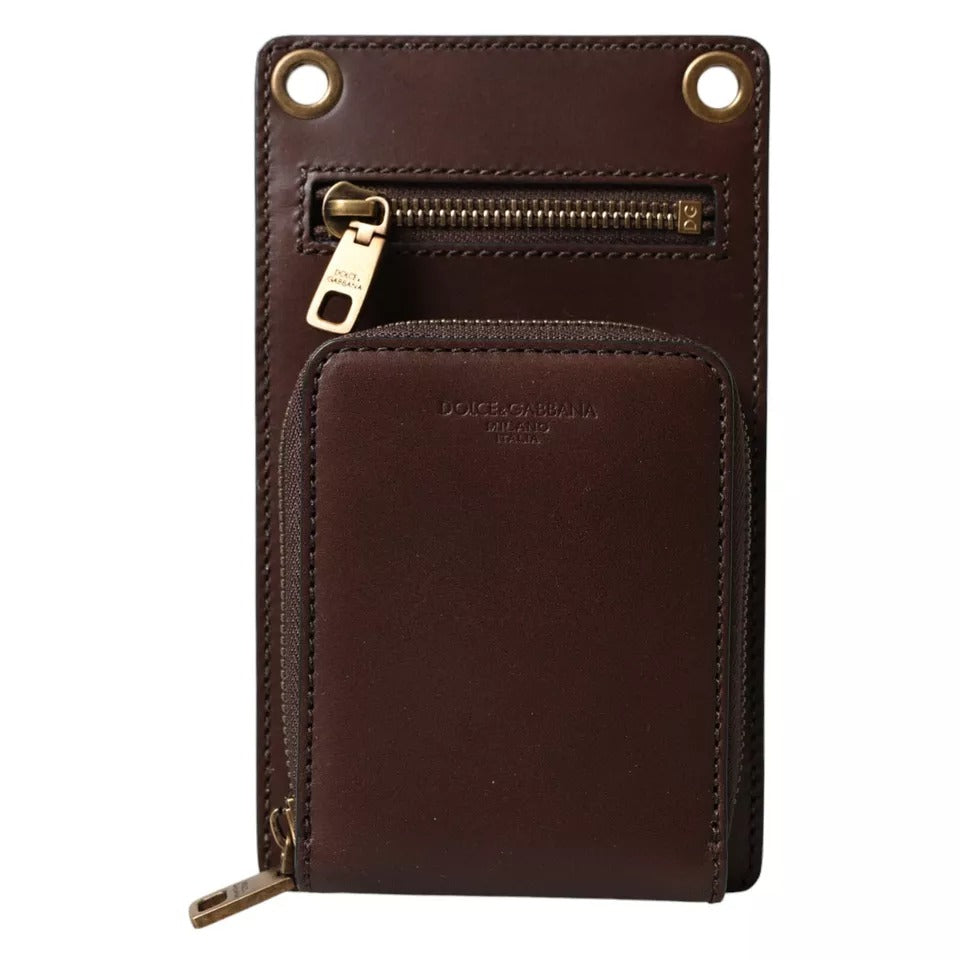 Brown Calf Leather Zip Logo Shoulder Neck Strap Wallet - ventzia