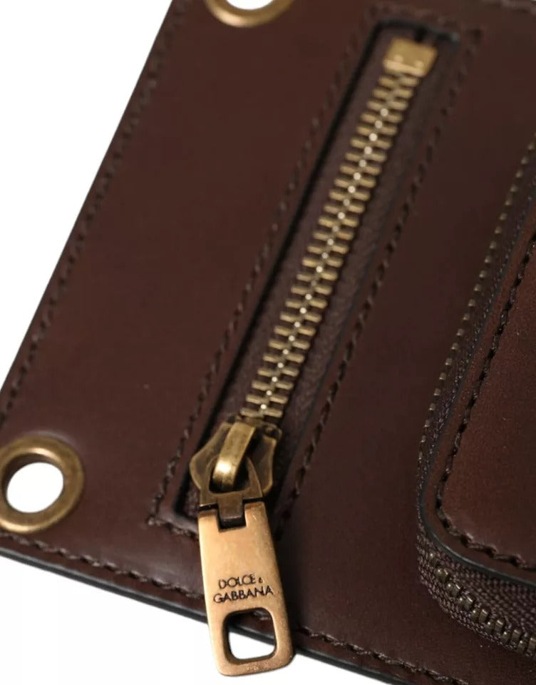 Brown Calf Leather Zip Logo Shoulder Neck Strap Wallet - ventzia