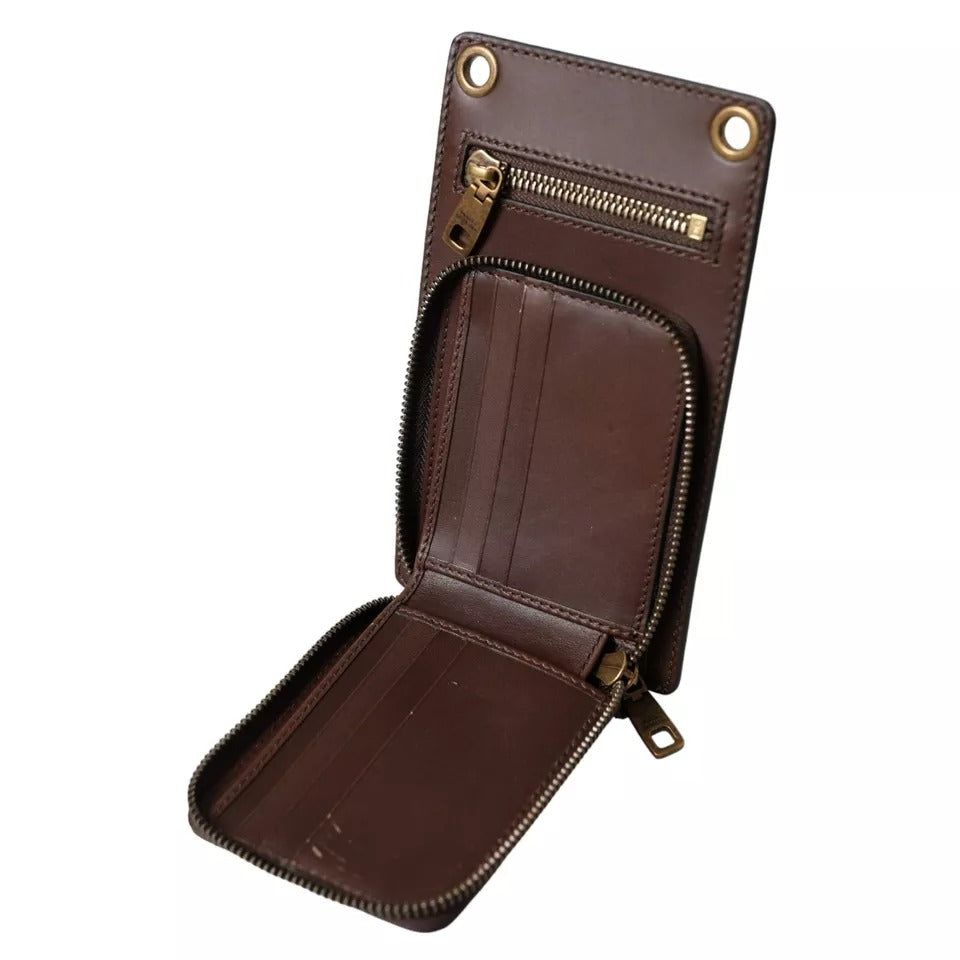 Brown Calf Leather Zip Logo Shoulder Neck Strap Wallet - ventzia