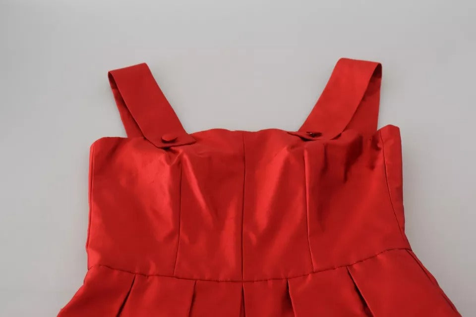 Red A-line Pleated Midi Satin Silk Dress - ventzia