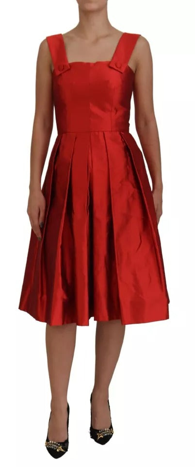 Red A-line Pleated Midi Satin Silk Dress - ventzia