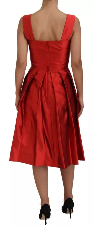 Red A-line Pleated Midi Satin Silk Dress - ventzia