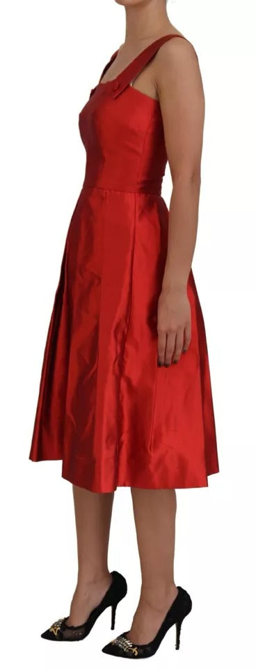 Red A-line Pleated Midi Satin Silk Dress - ventzia