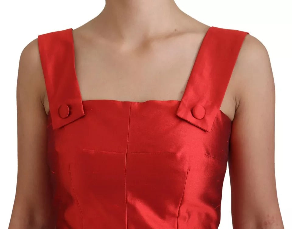 Red A-line Pleated Midi Satin Silk Dress - ventzia