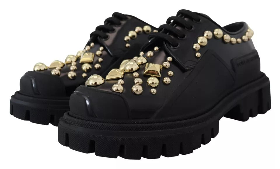 Black Leather Trekking Derby Embellished Shoes - ventzia
