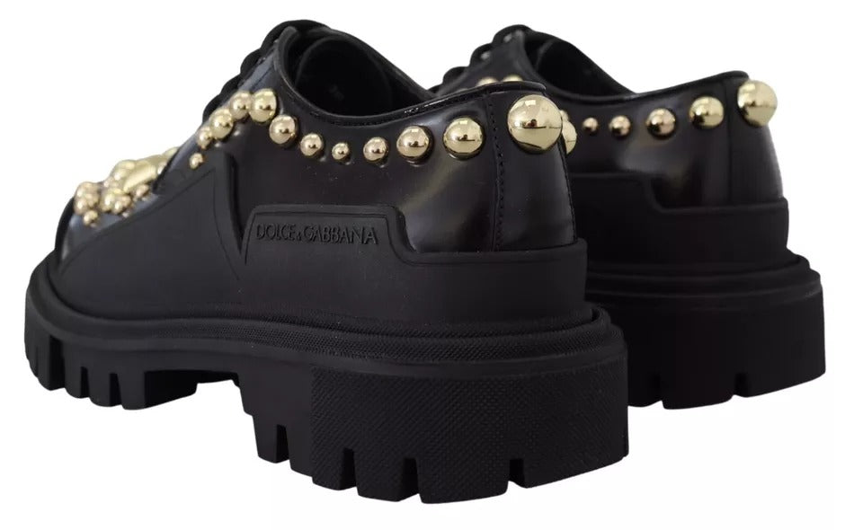 Black Leather Trekking Derby Embellished Shoes - ventzia