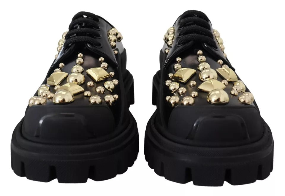 Black Leather Trekking Derby Embellished Shoes - ventzia