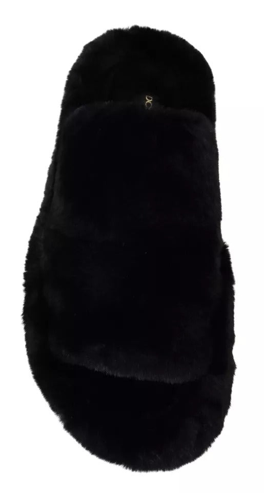 Black Polyester Faux Fur Mens Flats Sandals Shoes - ventzia