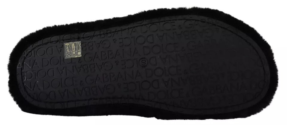 Black Polyester Faux Fur Mens Flats Sandals Shoes - ventzia
