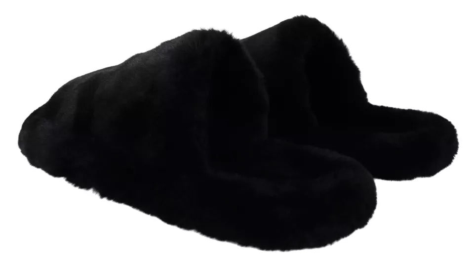Black Polyester Faux Fur Mens Flats Sandals Shoes - ventzia