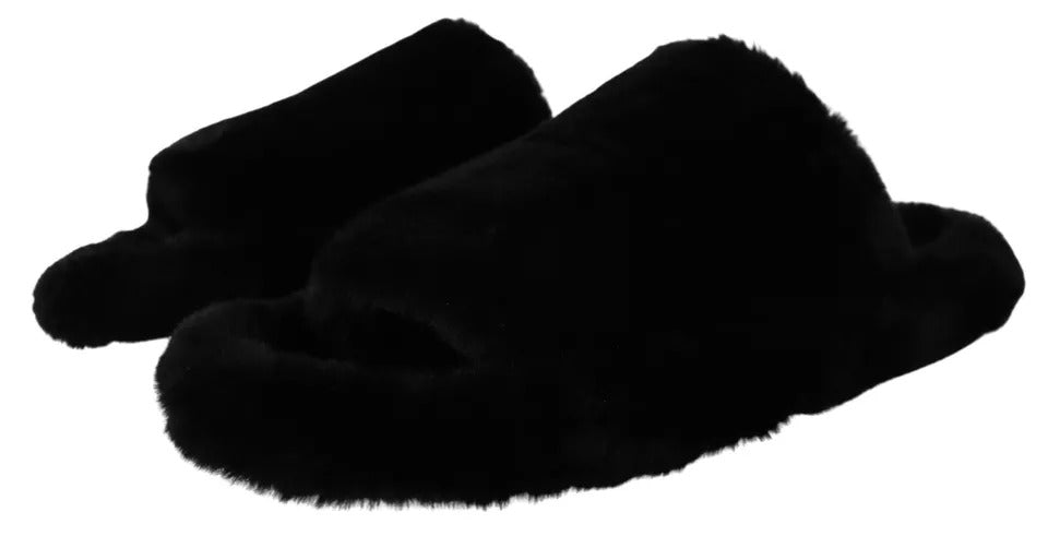 Black Polyester Faux Fur Mens Flats Sandals Shoes - ventzia
