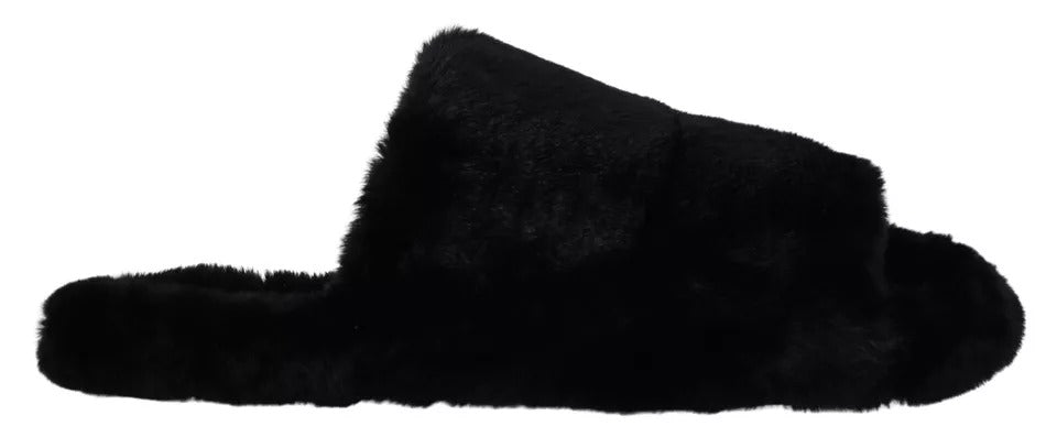 Black Polyester Faux Fur Mens Flats Sandals Shoes - ventzia