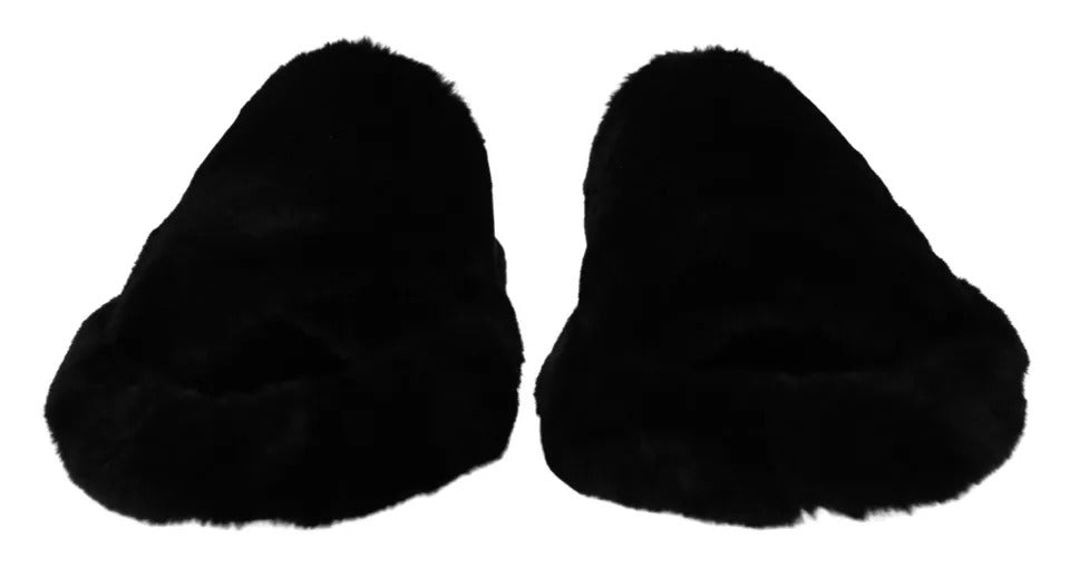 Black Polyester Faux Fur Mens Flats Sandals Shoes - ventzia