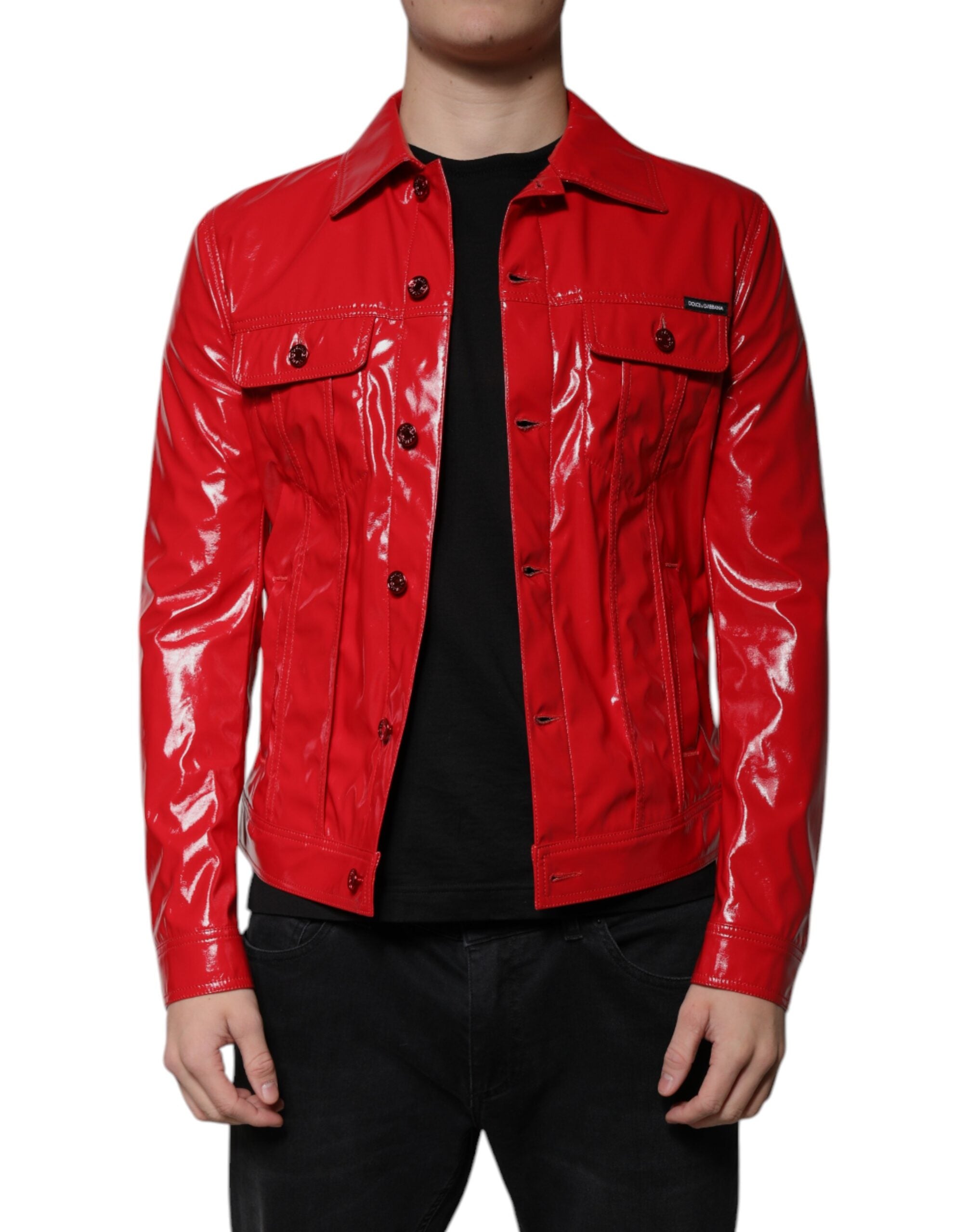 Red Polyester Button Down Collared Jacket - ventzia