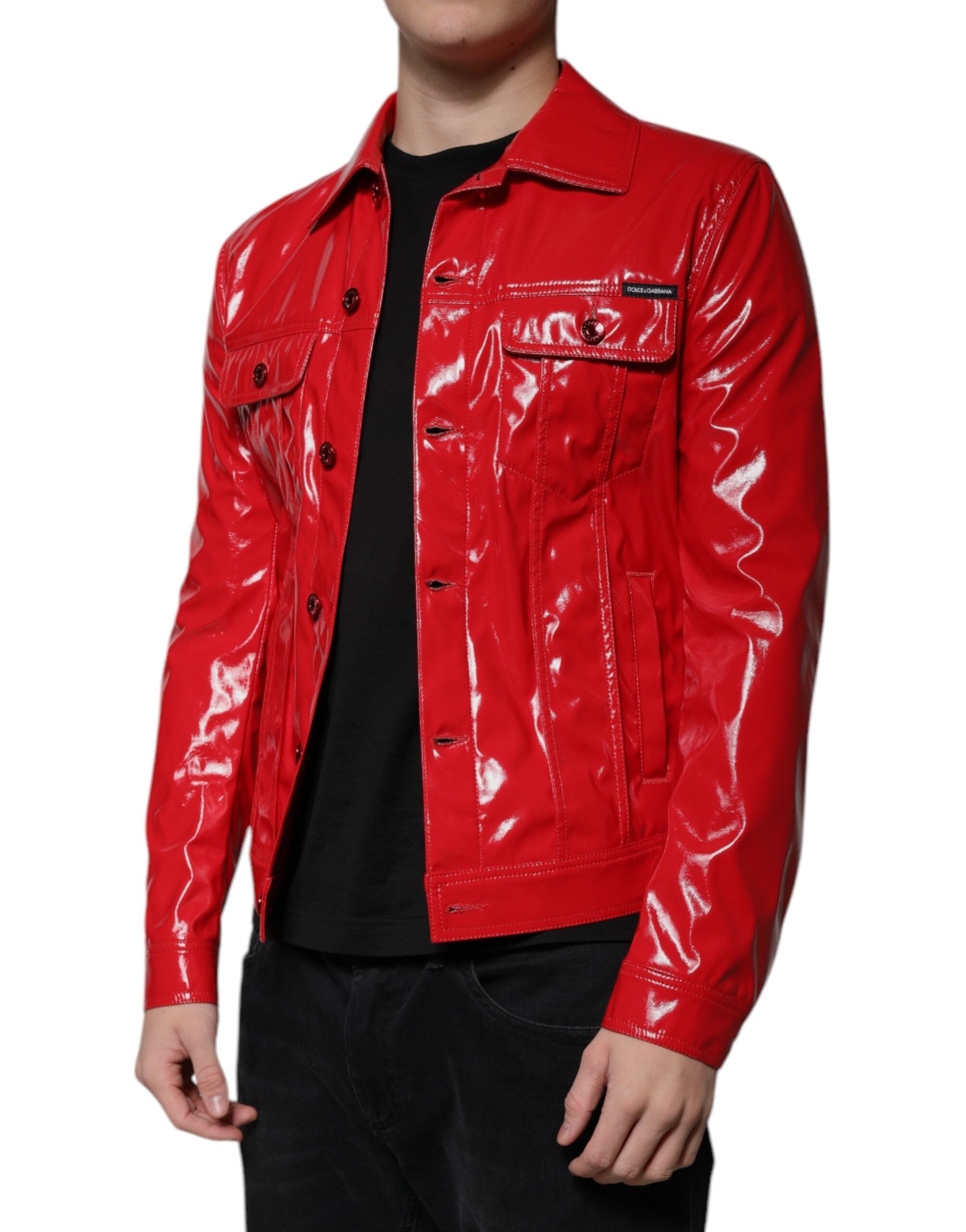 Red Polyester Button Down Collared Jacket - ventzia