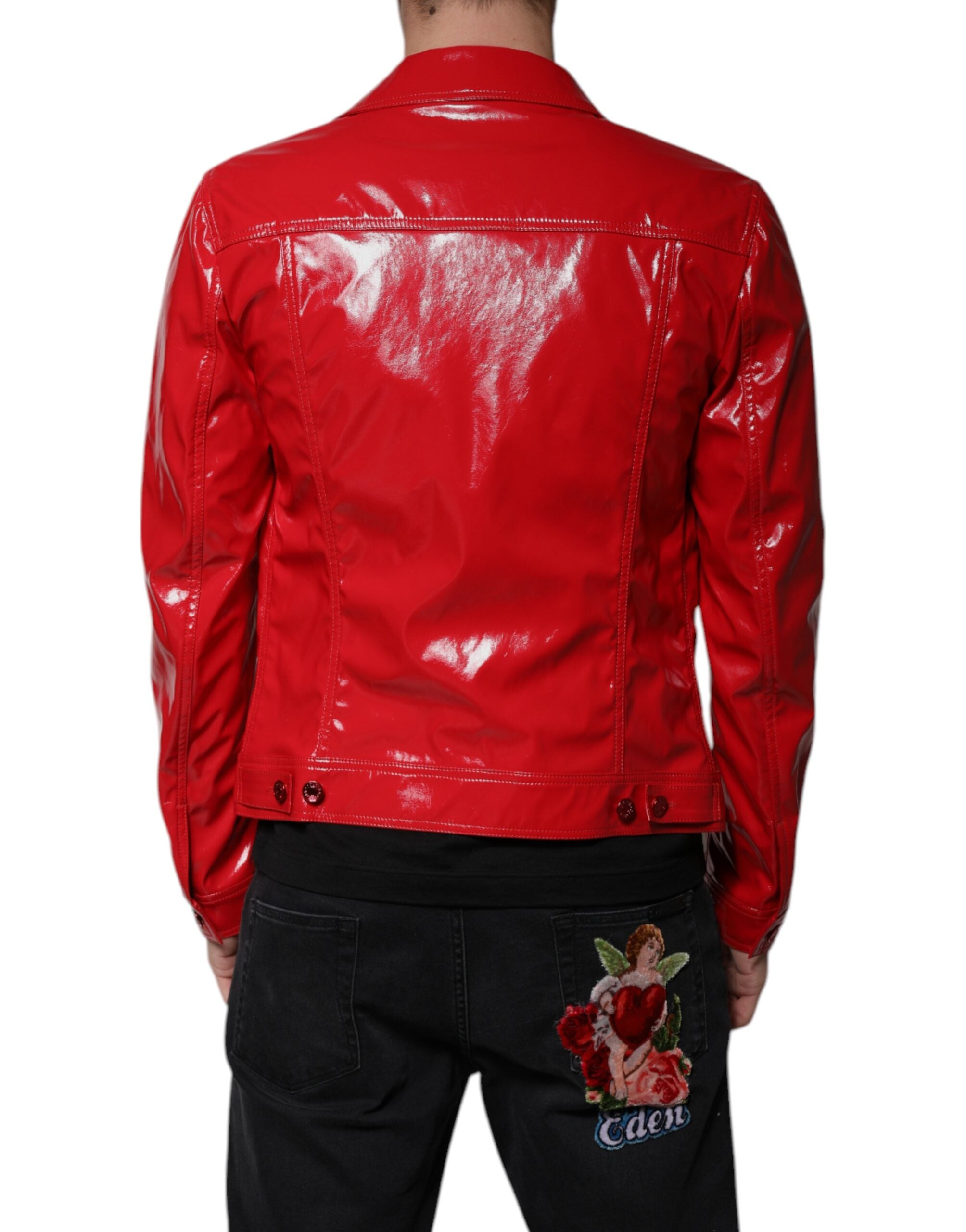 Red Polyester Button Down Collared Jacket - ventzia