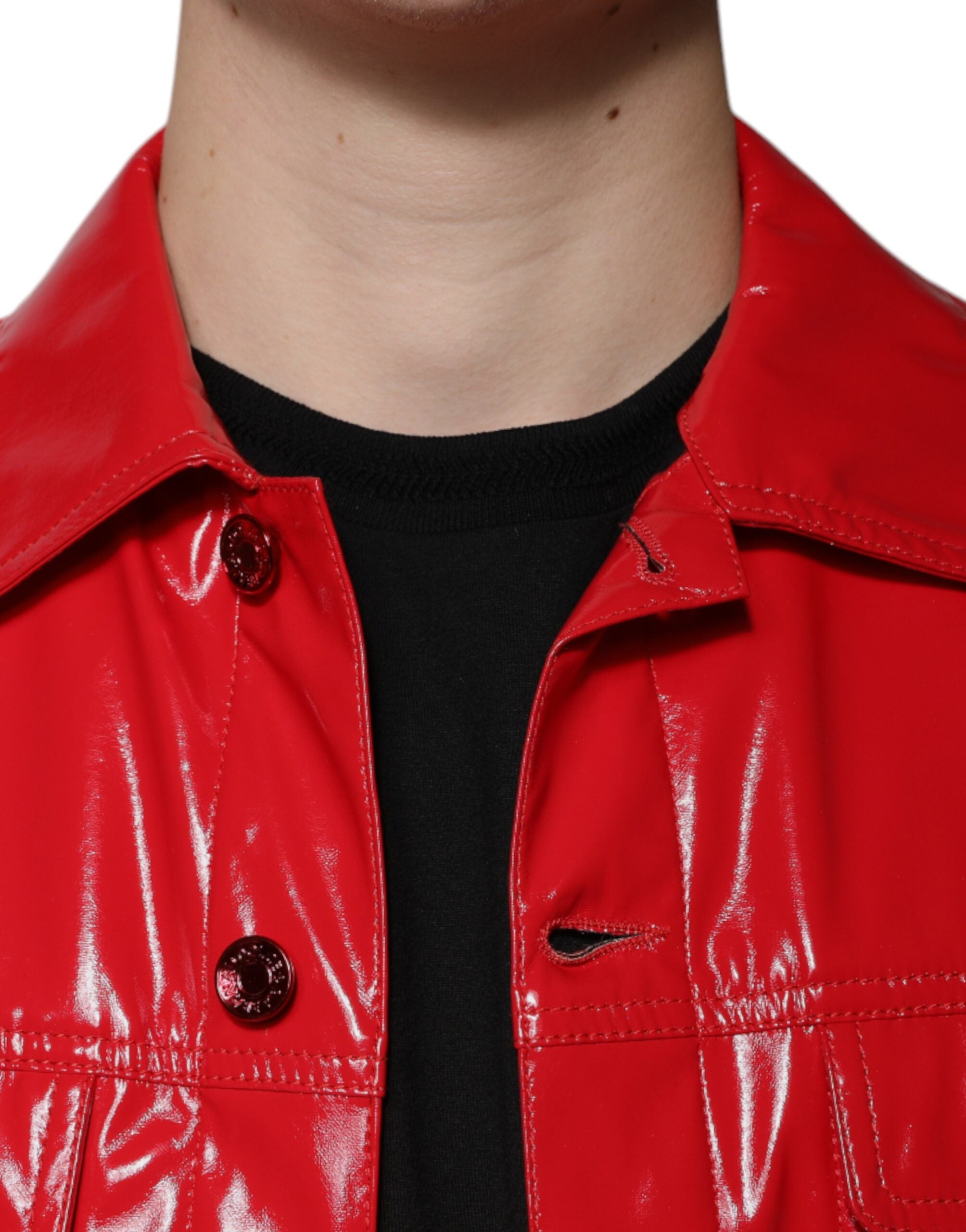 Red Polyester Button Down Collared Jacket - ventzia