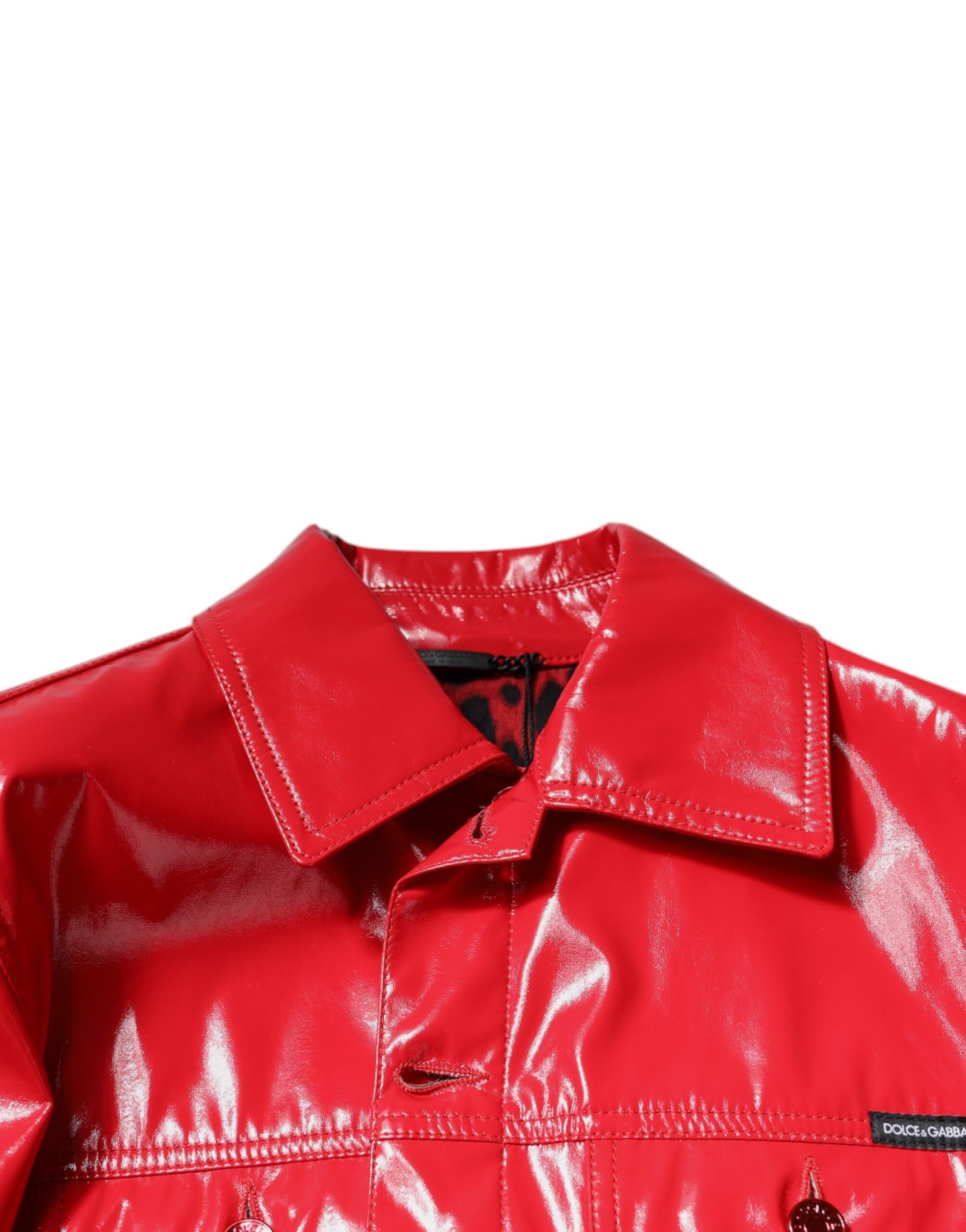 Red Polyester Button Down Collared Jacket - ventzia