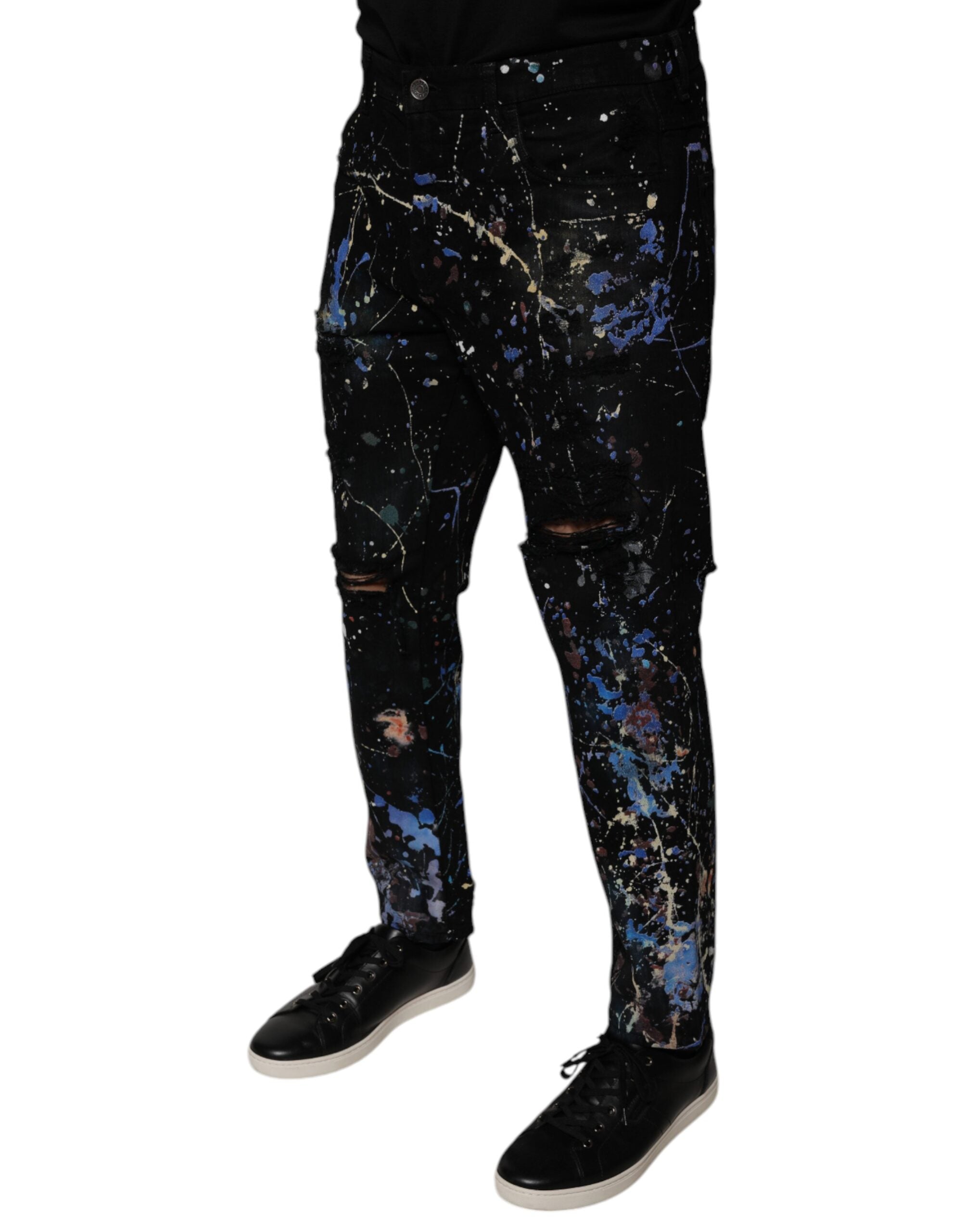 Black Color Splash Cotton Skinny Denim Jeans - ventzia