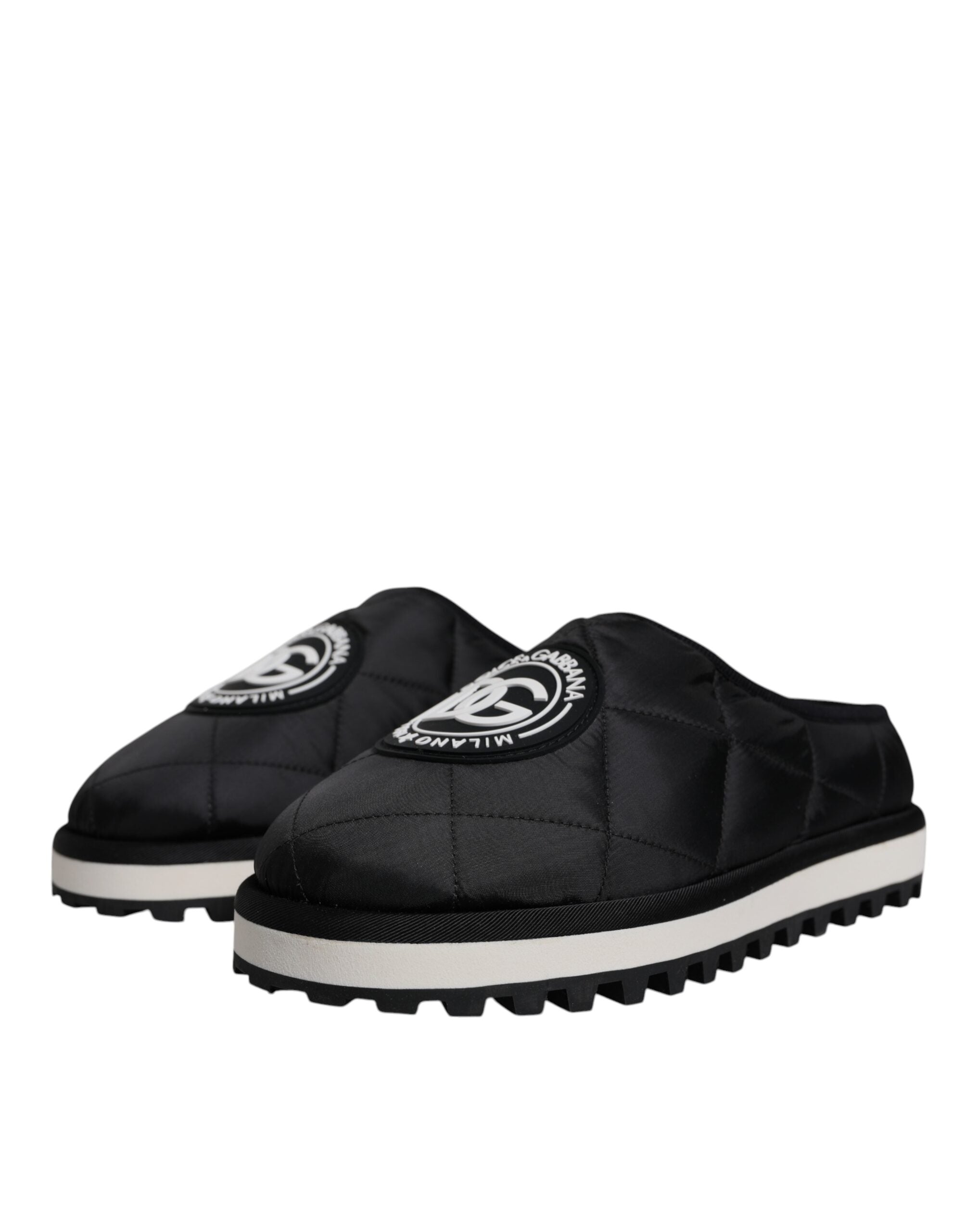 Black Nylon Quilted Logo Patch Sandals Slides Shoes - ventzia