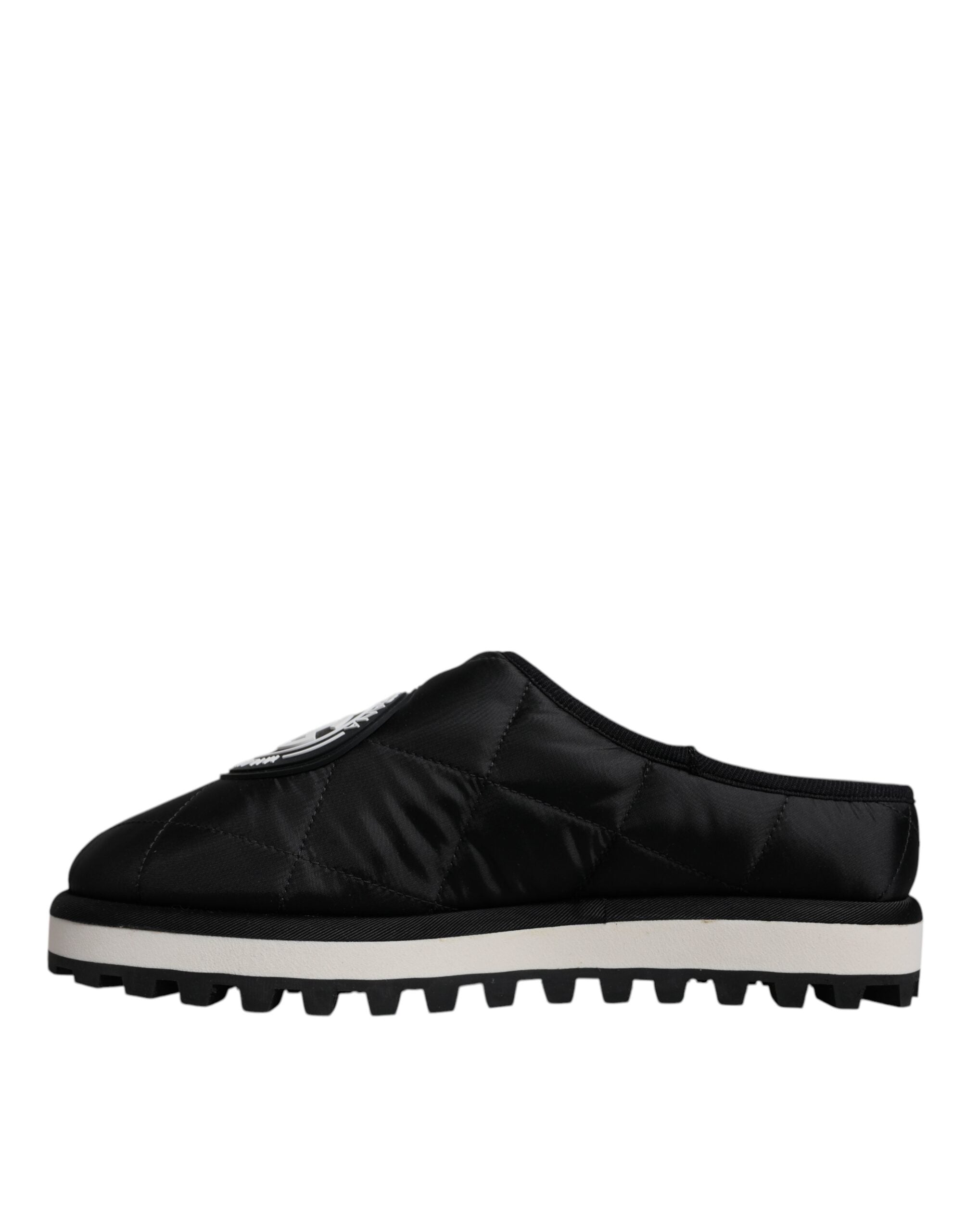 Black Nylon Quilted Logo Patch Sandals Slides Shoes - ventzia