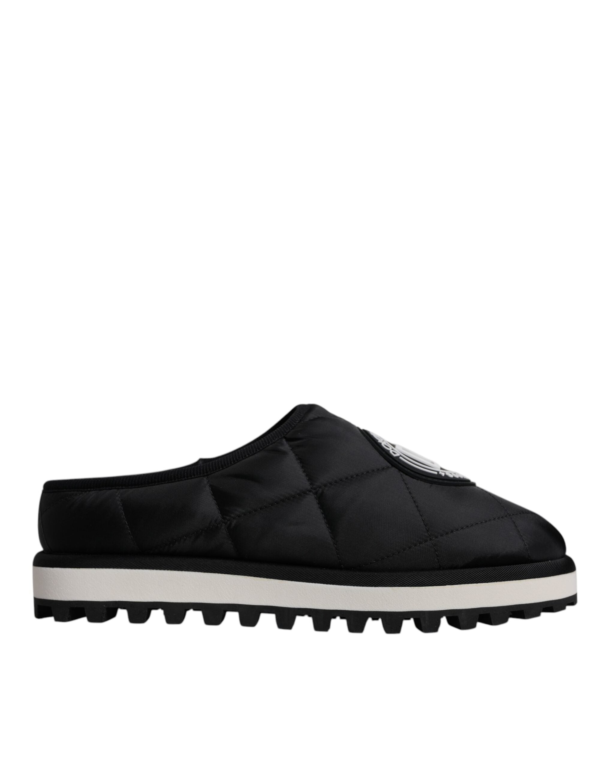 Black Nylon Quilted Logo Patch Sandals Slides Shoes - ventzia