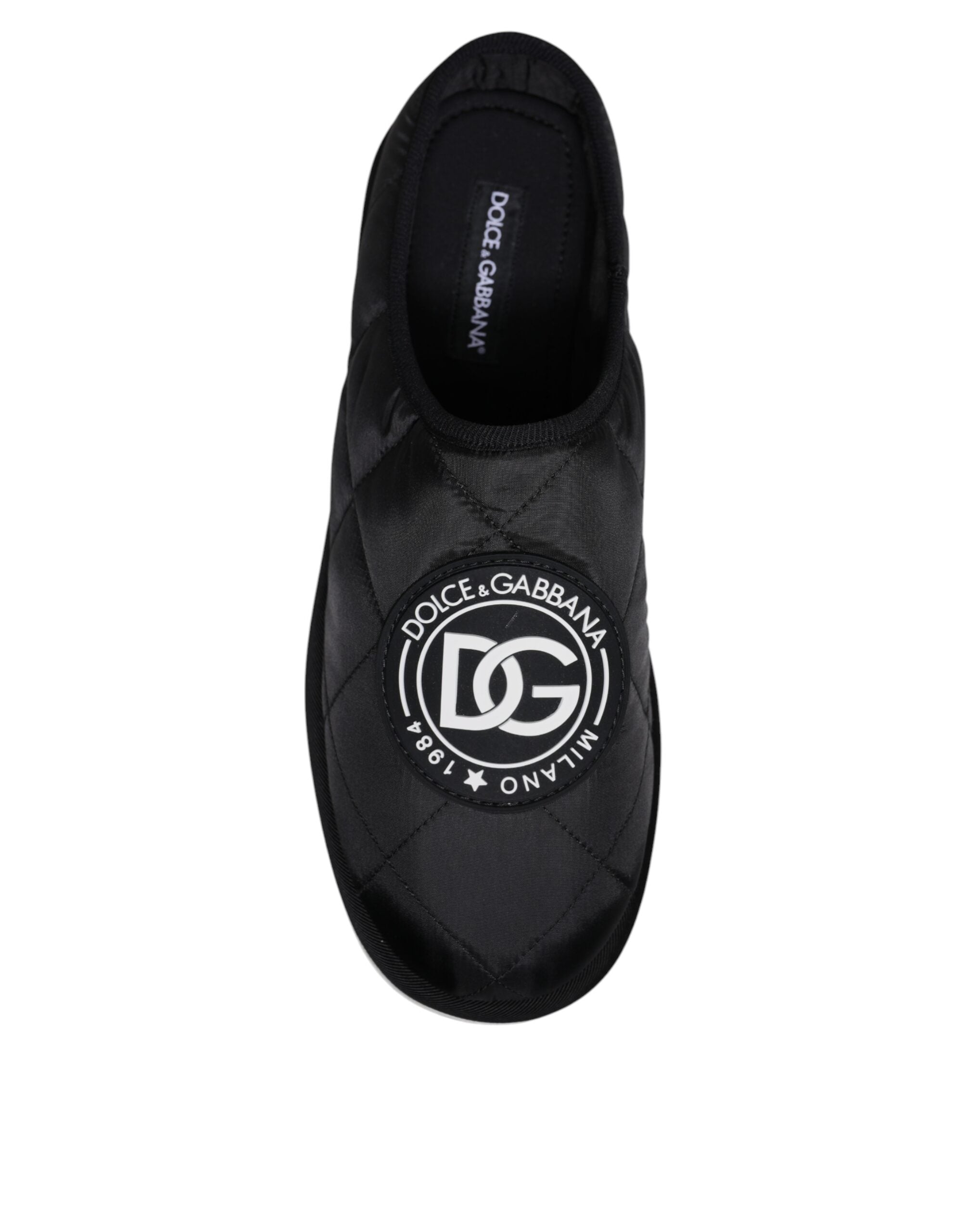 Black Nylon Quilted Logo Patch Sandals Slides Shoes - ventzia