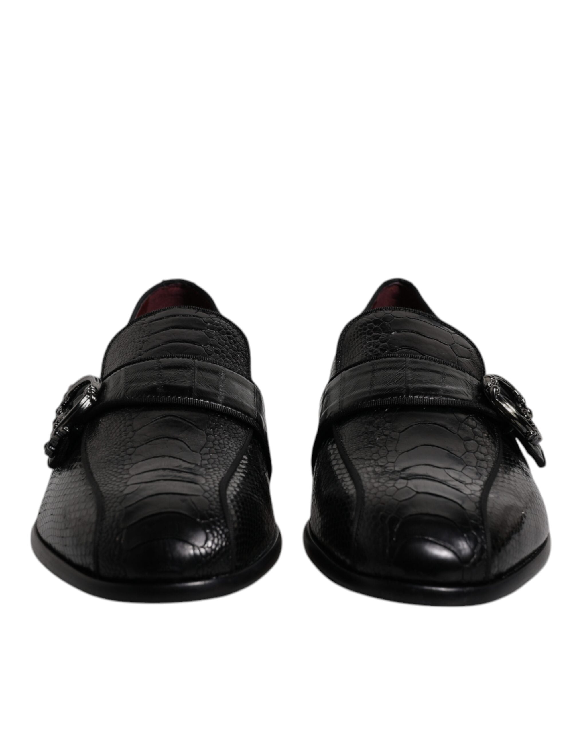 Black Exotic Leather DG Logo Loafers Formal Dress Shoes - ventzia