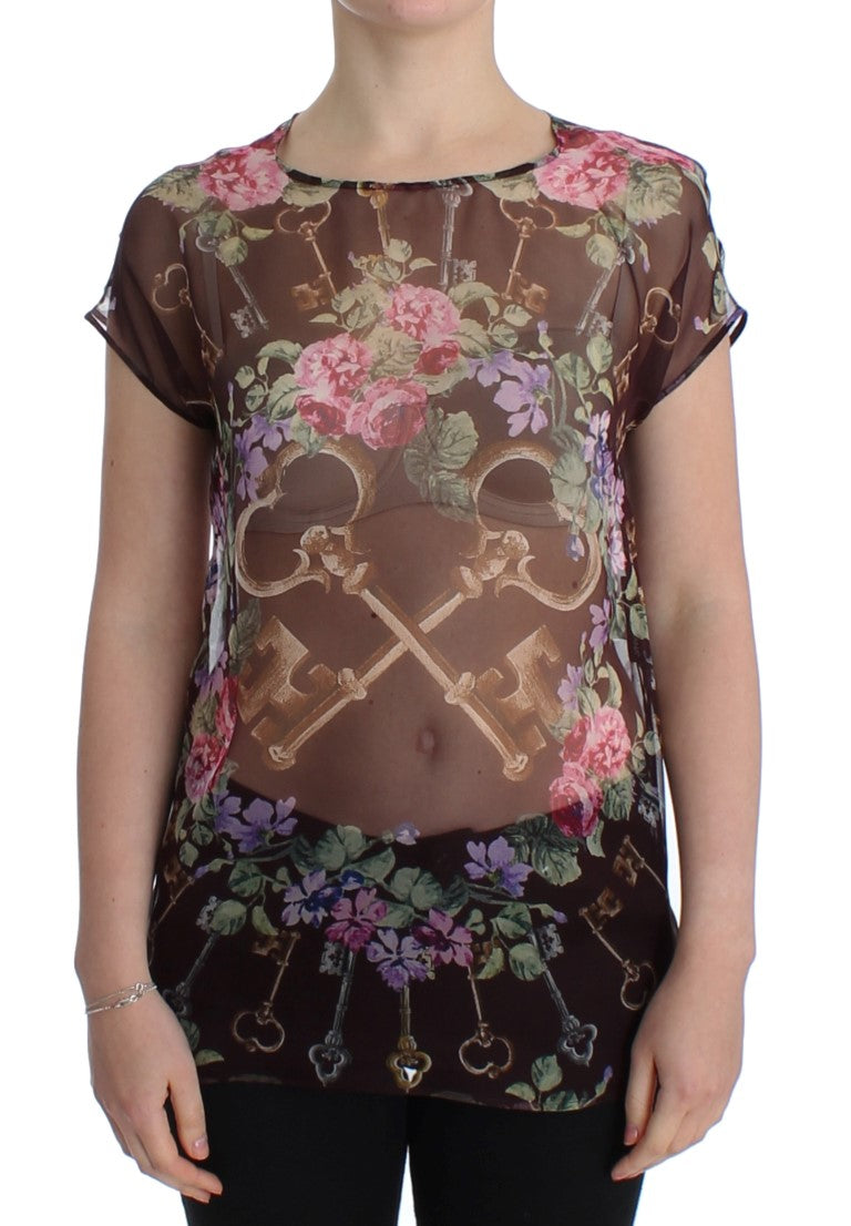 Elegant Floral Silk Blouse with Cap Sleeves - ventzia