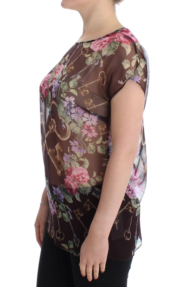 Elegant Floral Silk Blouse with Cap Sleeves - ventzia