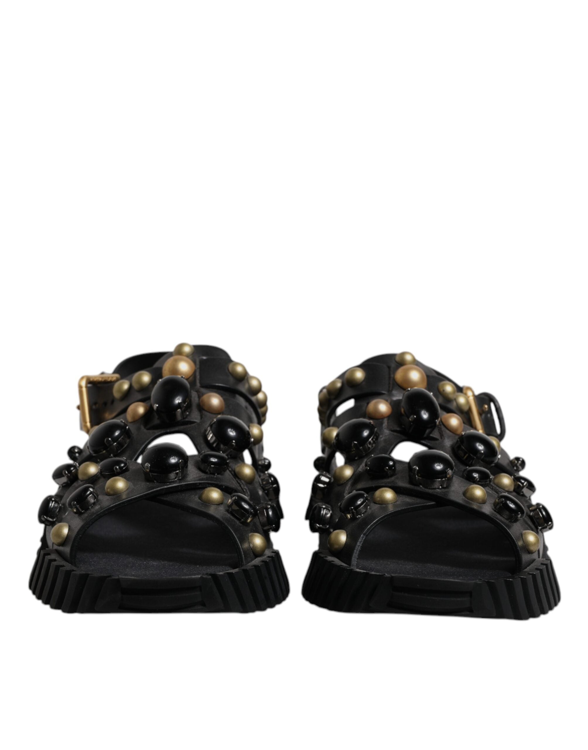 Black Leather Studded Slides Sandals Shoes - ventzia