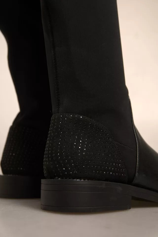 Black Leather Suede Flats High Boots Shoes - ventzia