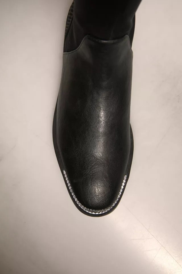 Black Leather Suede Flats High Boots Shoes - ventzia