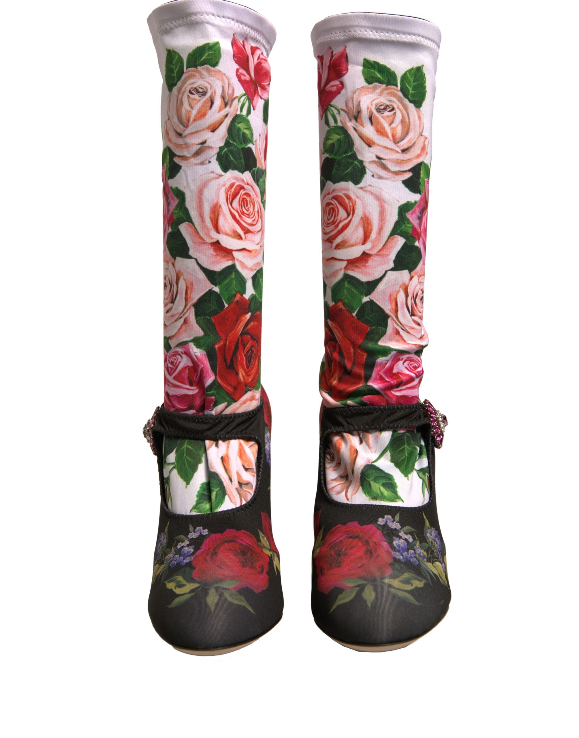 Black Floral Socks Crystal Boots Jersey Shoes - ventzia
