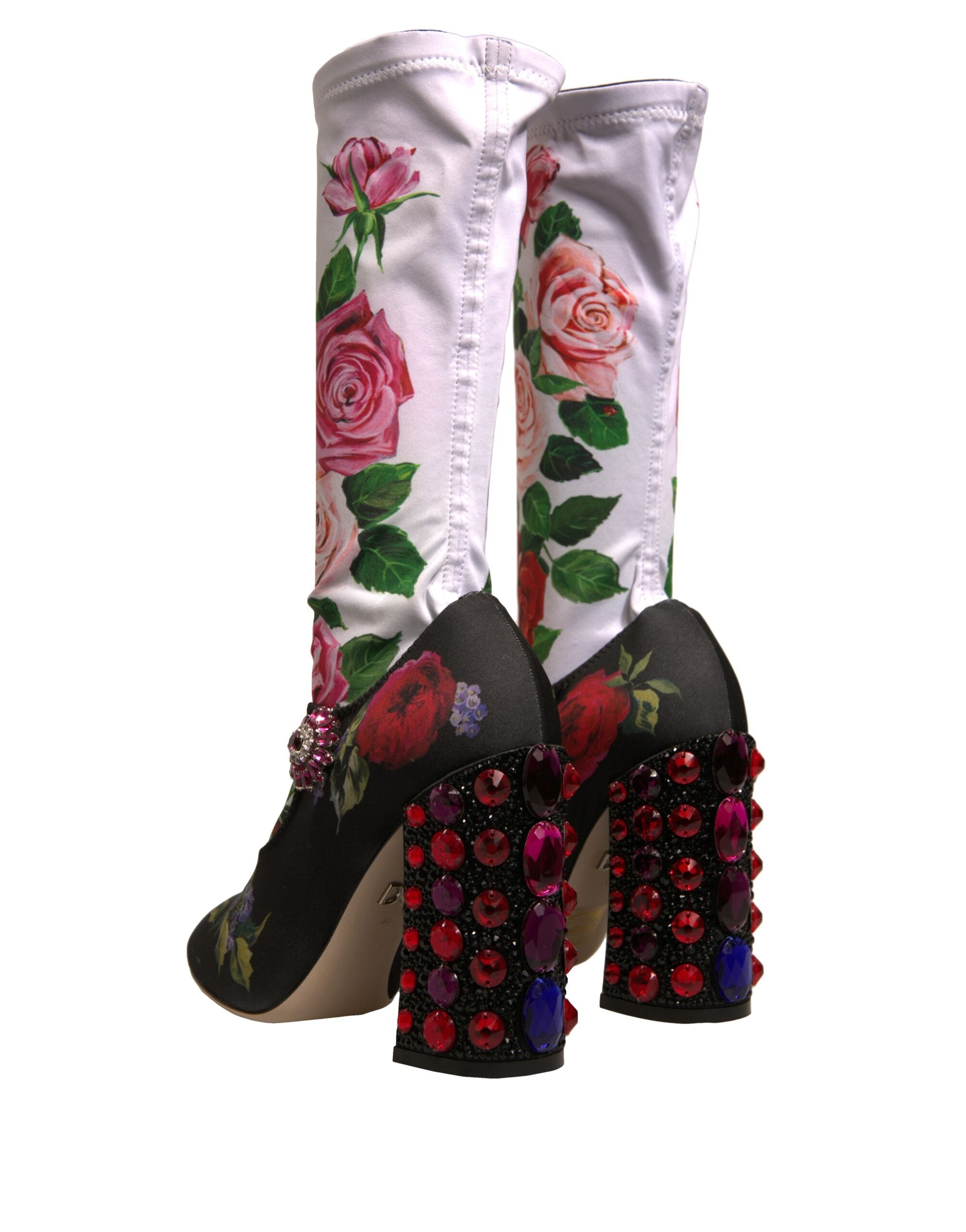 Black Floral Socks Crystal Boots Jersey Shoes - ventzia