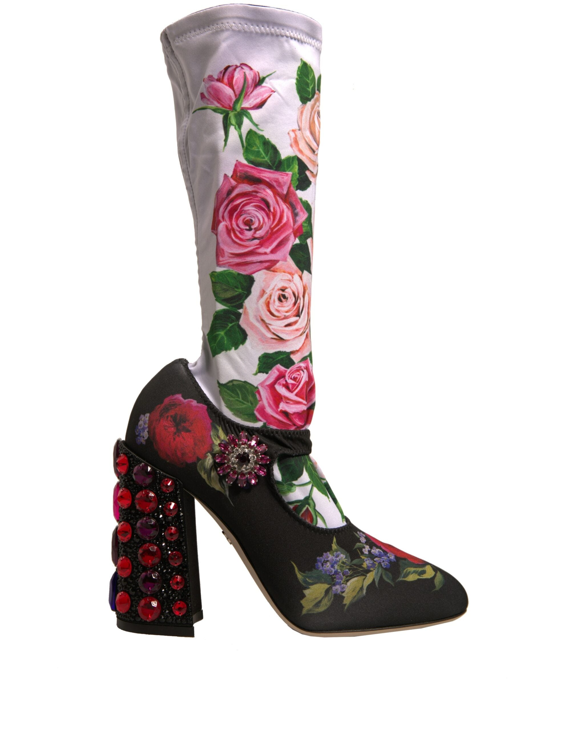 Black Floral Socks Crystal Boots Jersey Shoes - ventzia