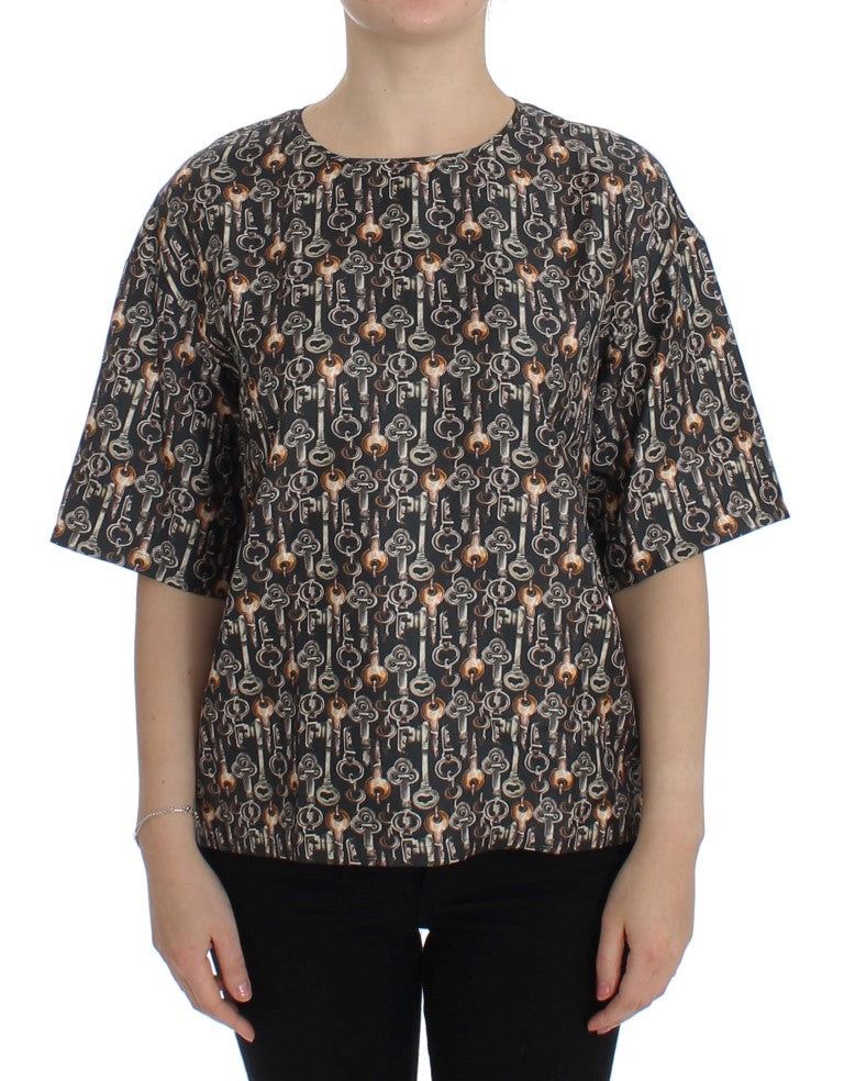 Enchanted Sicily Silk Blouse with Medieval Keys Print - ventzia