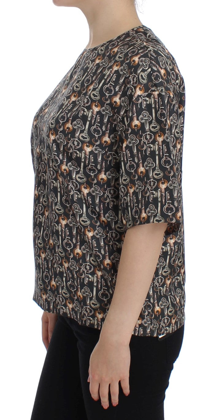 Enchanted Sicily Silk Blouse with Medieval Keys Print - ventzia