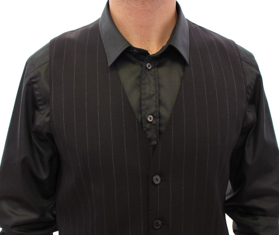 Elegant Black Striped Wool Dress Vest - ventzia
